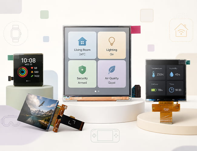Square display panel application showcase featuring 1.63 inch OLED, 2.9 inch 2K VR LCD, 3 inch 720x720 TFT-LCD and 4.0 inch 480x480 smart home LCD modules.