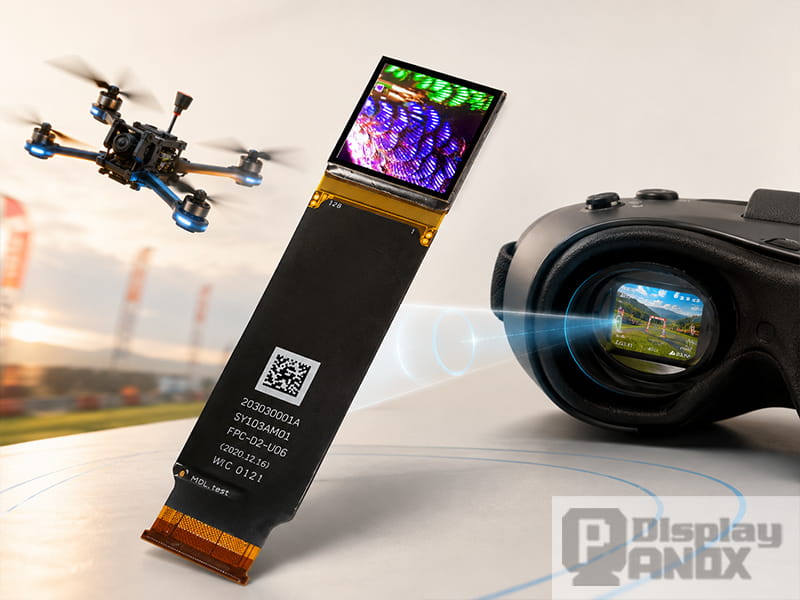 1.03 inch Micro OLED display illustrated for FPV drone goggles with a drone flight viewing scene.