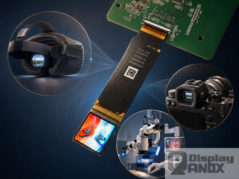 1.03 inch Micro OLED display module shown with VR headset, camera EVF and medical optical equipment applications.