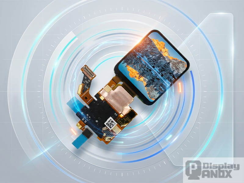 Product illustration of a 1.6 inch OLED on-cell PACP touch display module for wearable devices, featuring a bright screen and futuristic blue circular interface graphics.