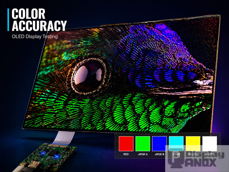 OLED display panel with color accuracy test patches for RED, GREEN, BLUE, CYAN, YELLOW, and WHITE.