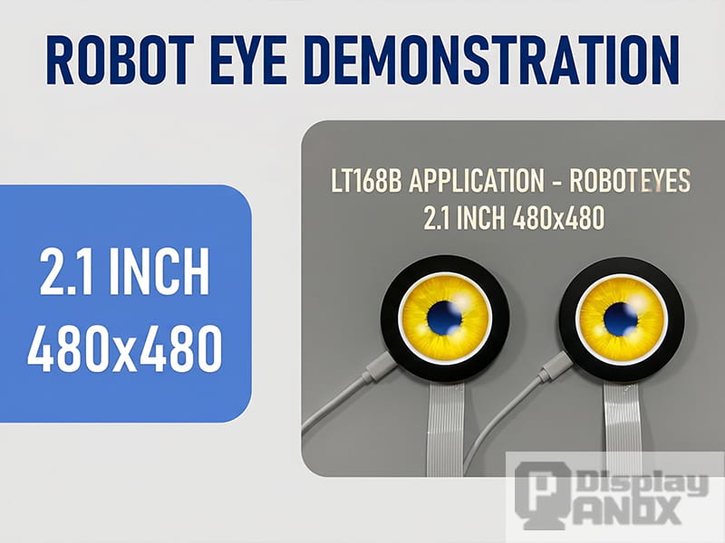 Two 2.1 inch round TFT-LCD displays with 480x480 resolution showing yellow robot eyes, used for AI toy robot eye animation driven by LT168B controller