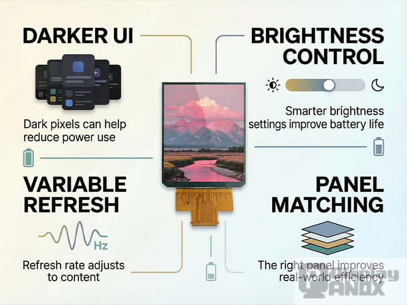 An infographic showing four ways to improve AMOLED battery performance: darker UI, brightness control, variable refresh, and panel matching, centered around a lit AMOLED display module.