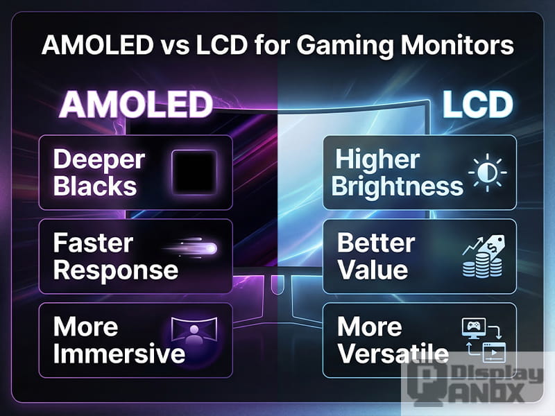 Comparison infographic for AMOLED vs LCD gaming monitors, highlighting AMOLED advantages such as deeper blacks, faster response, and more immersive visuals, and LCD advantages such as higher brightness, better value, and greater versatility.