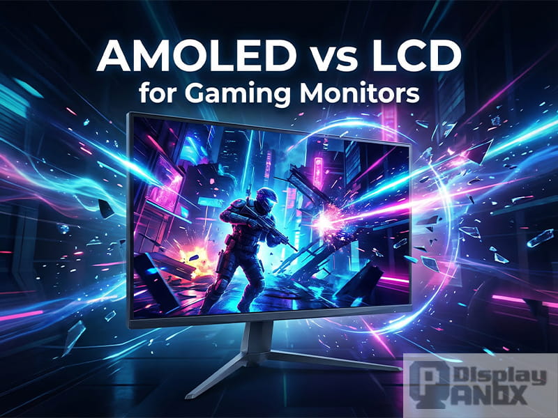 Hero image for AMOLED vs LCD gaming monitors, showing a futuristic gaming monitor with a neon action game scene, emphasizing immersive visuals, contrast, and gaming performance.