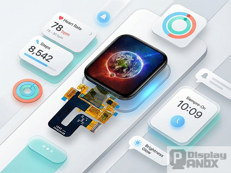 Square AMOLED display module combined with wearable UI cards, illustrating always-on display, brightness, heart rate, and activity features for smartwatches.
