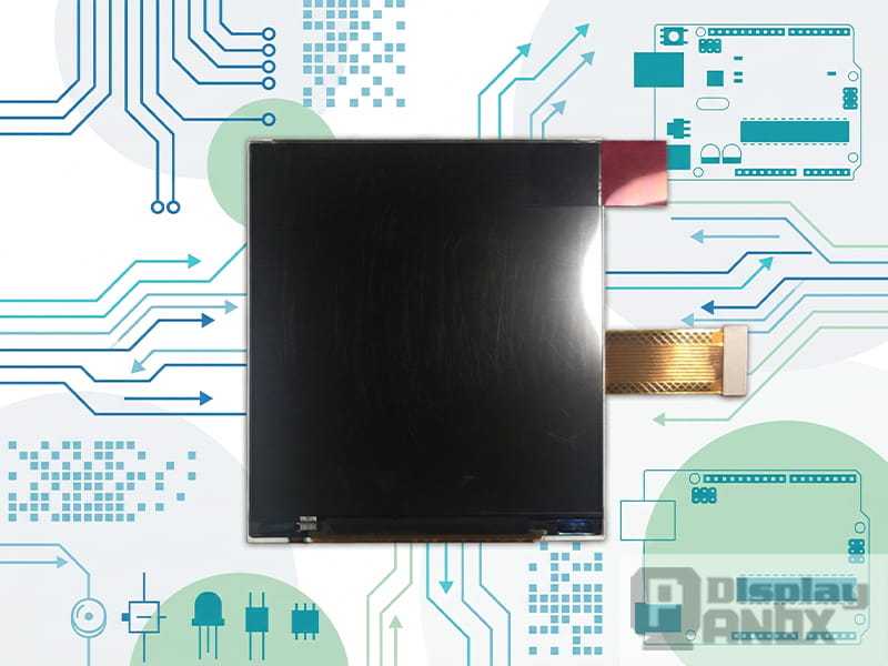 Front-view TFT-LCD module with flex cable shown in an Arduino-themed technology illustration