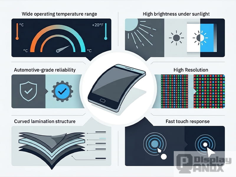 Flexible OLED module displayed inside a smart cockpit interior for automotive center display and next-generation in-car HMI applications.