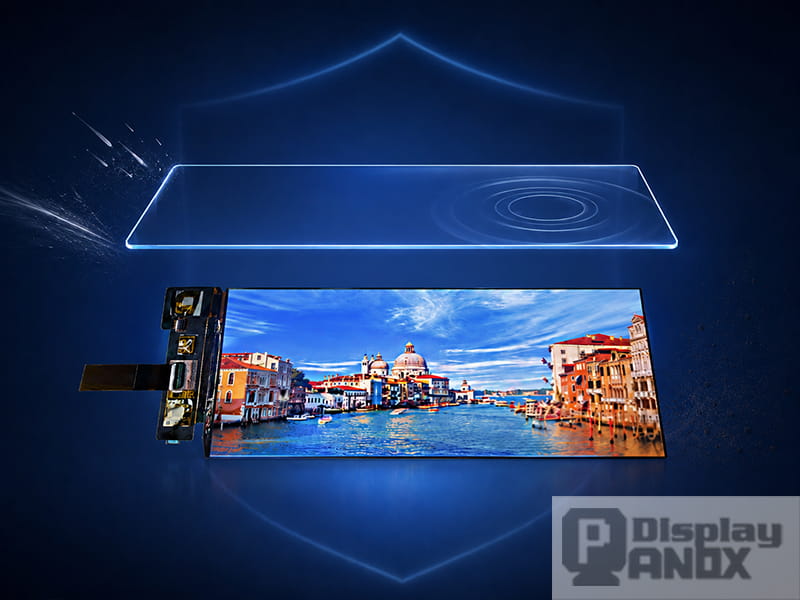 Cover lens floating above a display module to show protection, touch response, and optical clarity