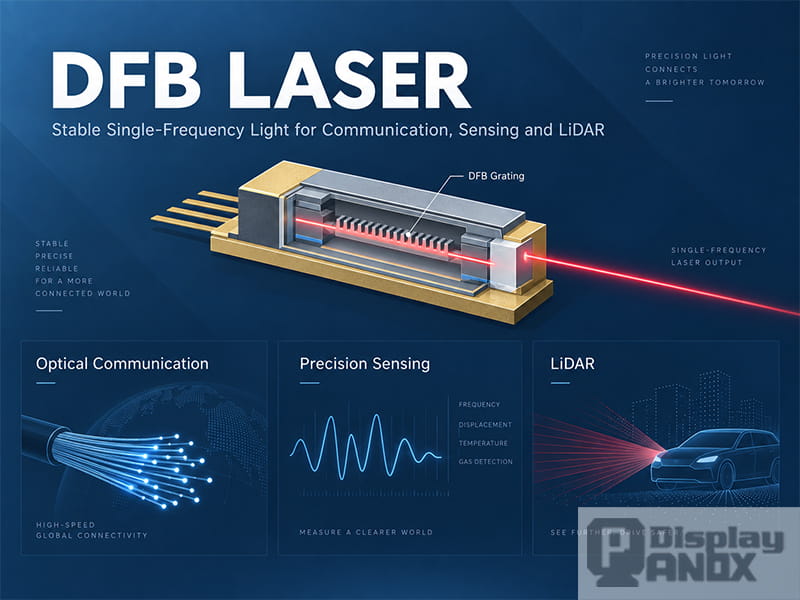DFB laser structure showing the internal grating, single-frequency laser output, and applications in optical communication, precision sensing, and LiDAR.