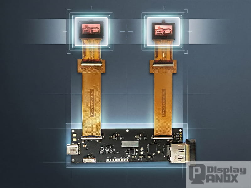 Dual Micro OLED display modules mounted on a driver board, visualized with glowing alignment frames to illustrate binocular near-eye brightness and display consistency for AR/VR systems.