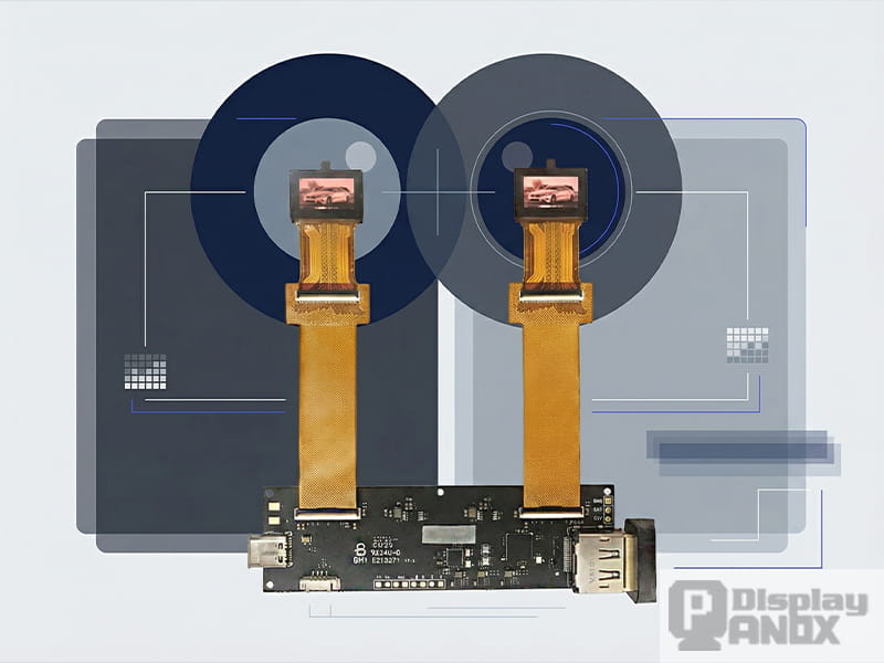 Dual Micro OLED display module with flat graphic design elements, illustrating binocular near-eye display architecture for VR applications.