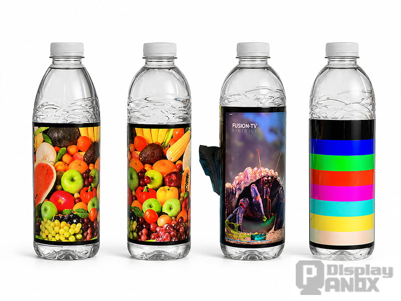 Flexible OLED display wrapped around four water bottles showing different content — vivid fruit advertisement, food imagery, marine life video, and color test pattern — demonstrating curved-surface conformity and content versatility