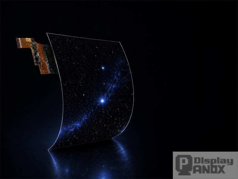 7.8 inch flexible OLED display curved into a C-shape against deep black background, showing starfield content that highlights OLED's pure blacks and high contrast