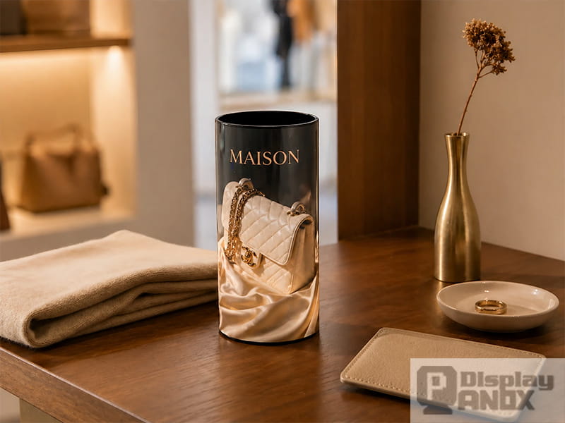  7.8 inch flexible OLED display curled into vertical cylinder showing luxury handbag advertisement on boutique wooden counter