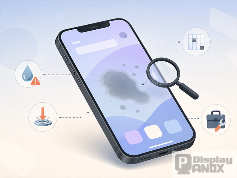 Illustration of a smartphone with a grey spot on its screen, surrounded by diagnostic icons showing common causes — moisture damage, pressure marks, dead pixels, and repair tools.
