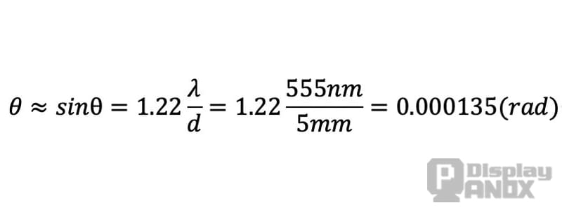 Formula showing the theoretical angular resolution limit of the human eye based on the Rayleigh criterion using 555 nm wavelength and 5 mm pupil diameter.