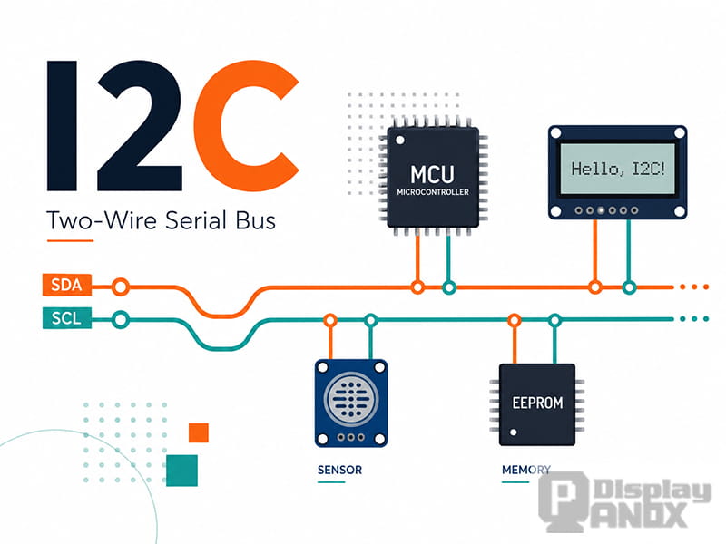 I2C communication interface diagram showing a two-wire SDA and SCL serial bus connecting a microcontroller, display module, sensor, and memory device