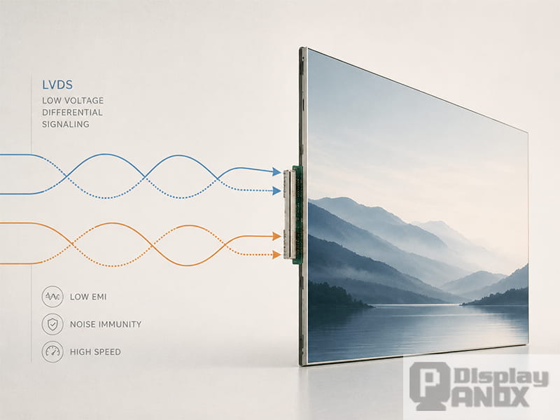 Hero image showing LVDS differential signal lines connecting to a thin LCD display panel, highlighting low EMI, noise immunity, and high-speed data transmission.