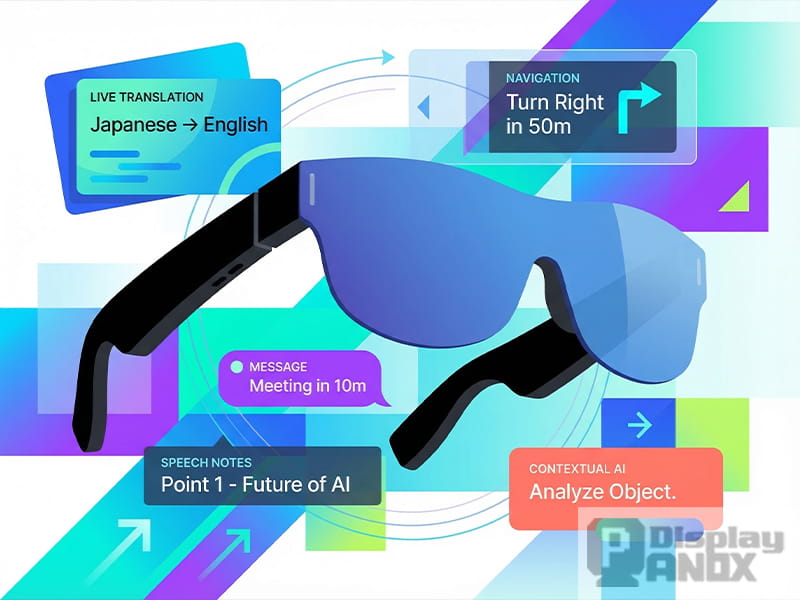Flat-style illustration of AI smart glasses use cases powered by Micro OLED, including live translation, navigation, notifications, teleprompting, and contextual AI assistance.