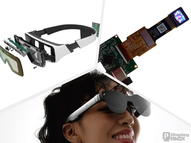 Micro OLED display module with AR glasses exploded view and woman wearing AR smart glasses