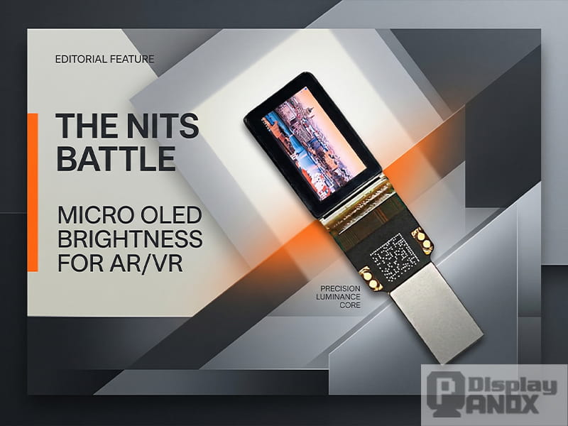 Editorial-style graphic showing a Micro OLED display module for AR/VR brightness analysis, with layered geometric background and emphasis on Micro OLED luminance performance.