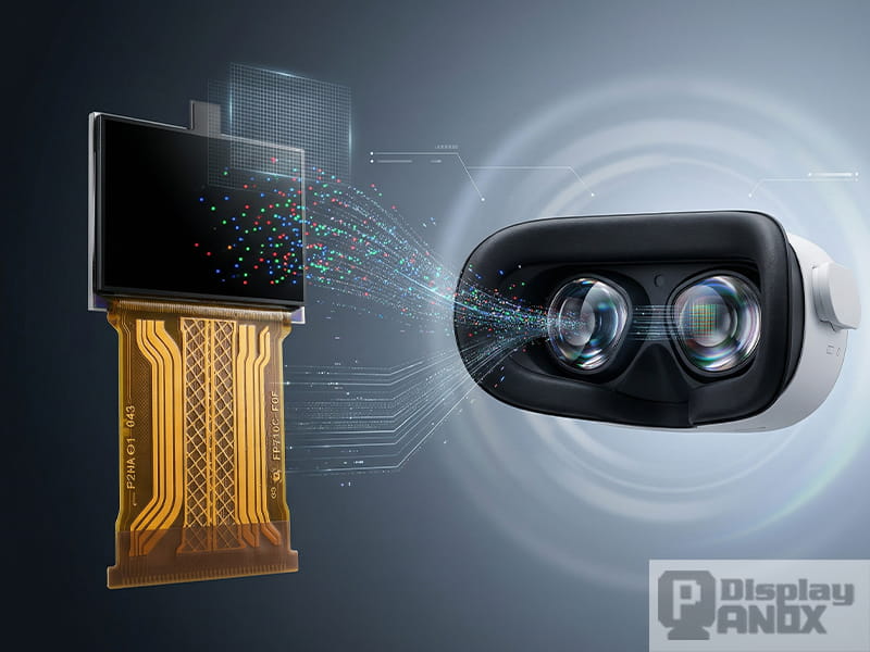 Micro OLED display module connected visually to a VR headset, showing the optical relationship between near-eye display technology and immersive VR viewing.