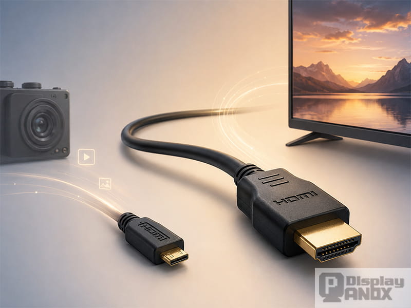 Mini HDMI to HDMI cable connecting a compact camera to a display screen.