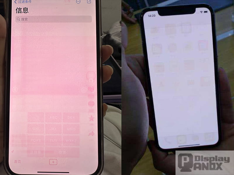 Side-by-side comparison of a smartphone OLED display showing visible burn-in and screen image retention during real-world use.