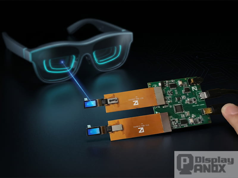 0-49-inch Micro OLED display module with FPC cable and driver board, shown alongside AR smart glasses with cyan waveguide projection