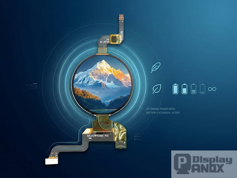 A round AMOLED display module with a mountain landscape on screen, surrounded by blue energy rings and battery icons to illustrate low power consumption and extended battery life.