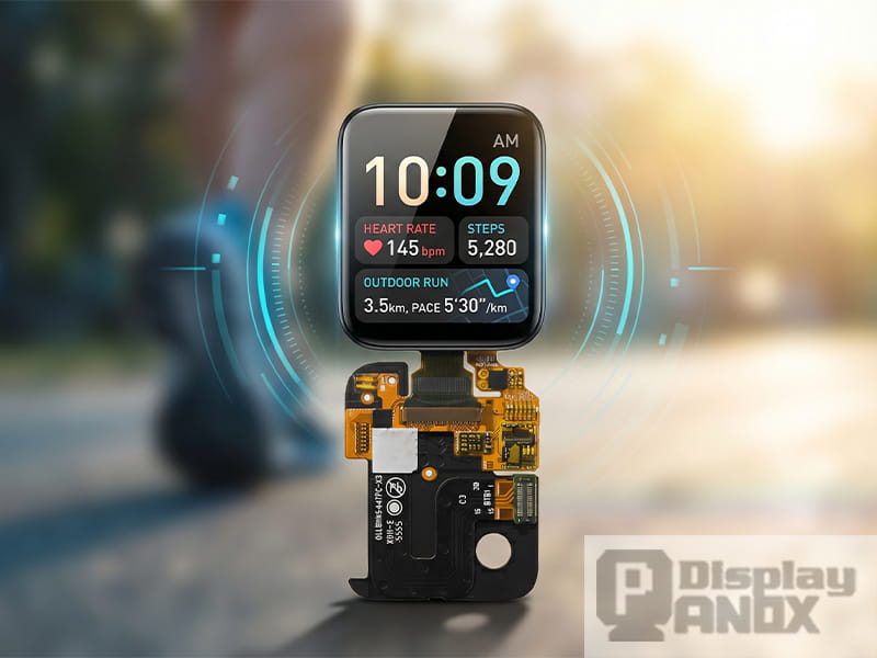 1.78-inch OLED on-cell smartwatch display module with active fitness interface, designed as a wearable display cover image for outdoor visibility.