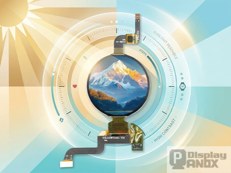 Round AMOLED display module with sunlight-inspired graphic layout, emphasizing sunlight readable performance and high contrast for wearable devices.
