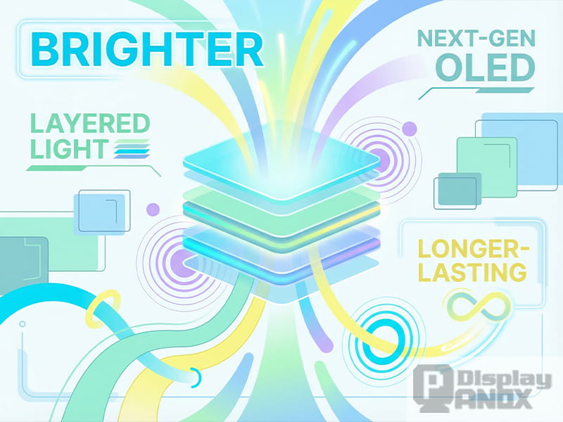 Bright flat-style illustration of tandem OLED with layered light bands and stacked panel structure, highlighting brighter output, next-gen OLED, and longer-lasting performance.