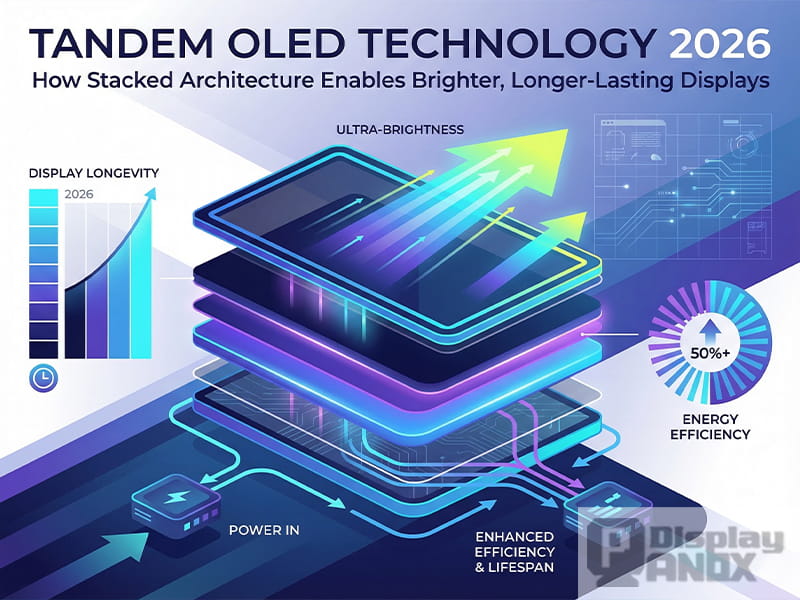 Editorial illustration of tandem OLED technology showing a stacked display structure with arrows indicating higher brightness, improved energy efficiency, and longer display lifespan.