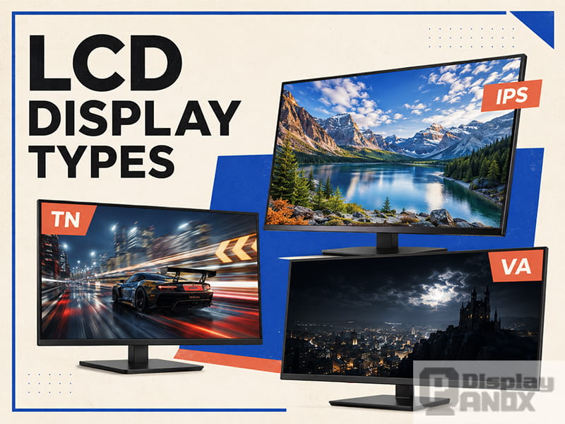 Comparison of TN, IPS, and VA LCD display types, highlighting fast response, wide viewing angles, and high contrast.