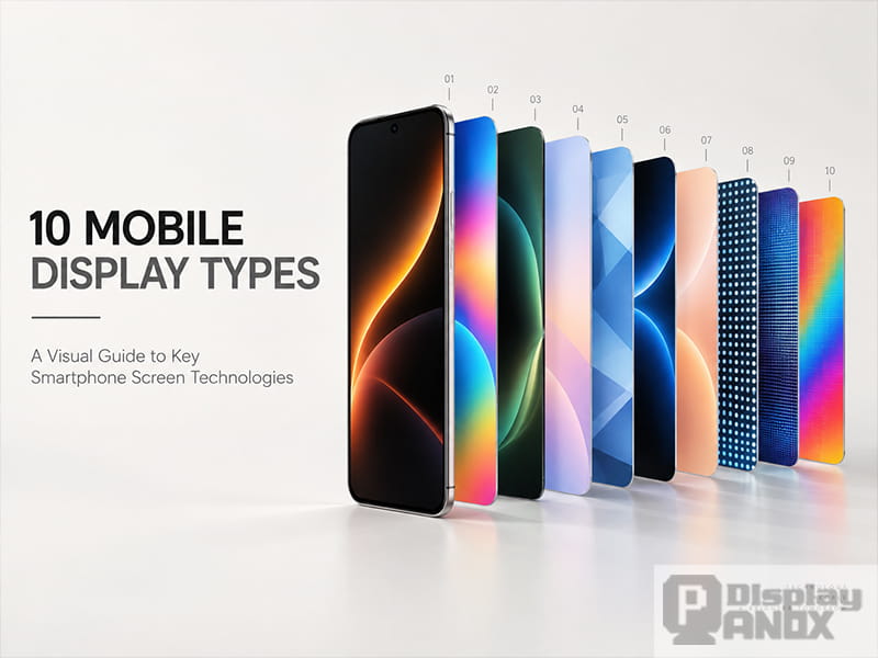 Visual guide to 10 mobile display types, including AMOLED, LTPO OLED, IPS LCD, TFT LCD, Mini-LED, MicroLED, and other smartphone screen technologies.