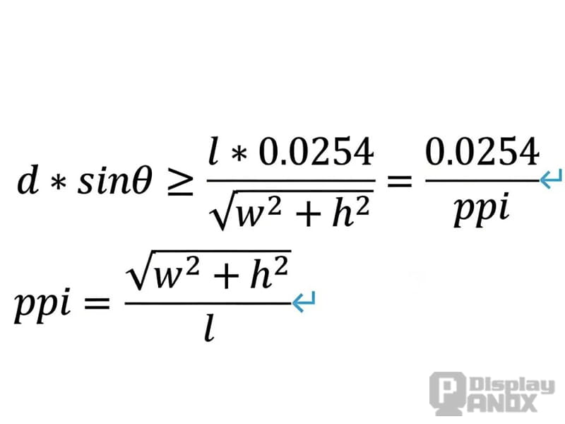 Formula illustrating the relationship between viewing distance, angular resolution, pixel size, and PPI for display resolution evaluation.