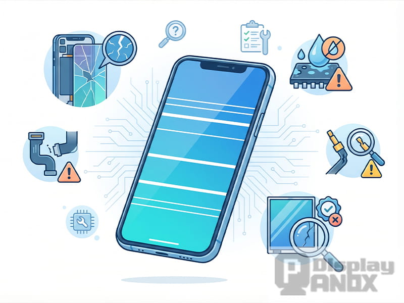 Cartoon illustration showing white horizontal lines on a phone screen and common hardware-related causes