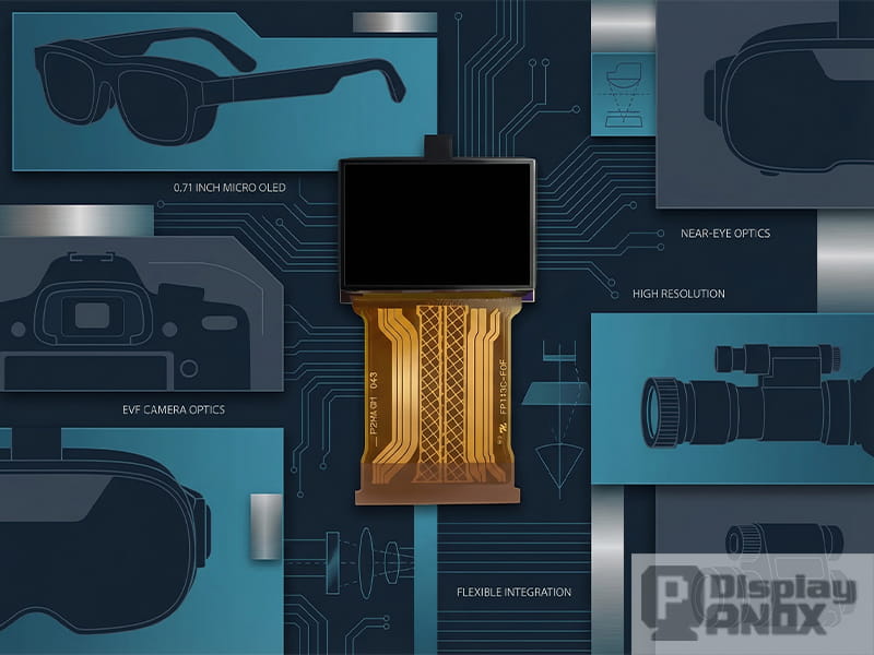 0.71 inch Micro OLED banner showing near-eye optics applications, including AR glasses, VR headset, EVF camera optics, and compact optical devices