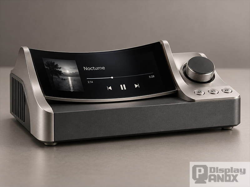 Compact Hi-Fi audio control console featuring an inclined 5.99-inch flexible AMOLED display, silver metal housing, playback controls, and a rotary volume knob.
