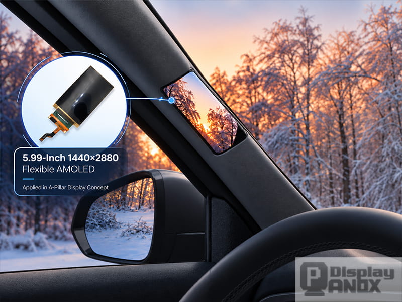 5.99-inch 1440×2880 flexible AMOLED display module shown alongside a concept of an automotive A-pillar display integrated into a curved car interior.