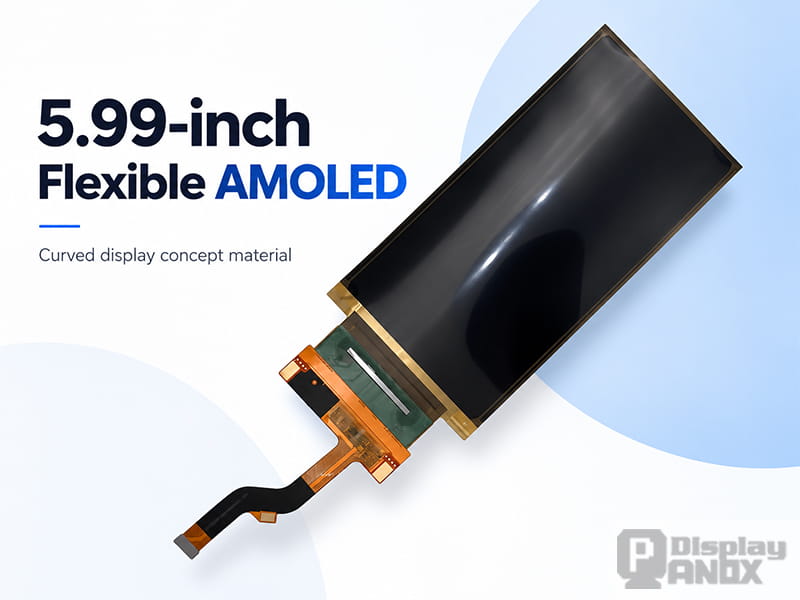 5.99-inch flexible AMOLED display module with 1440×2880 resolution, featuring a bendable OLED panel and flexible FPC connector.