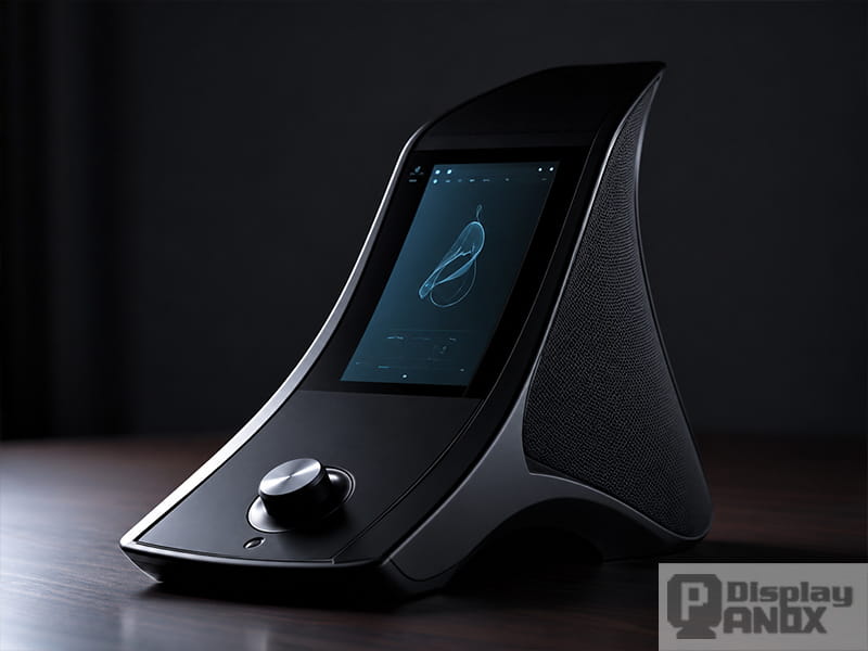 Integrated Hi-Fi audio system concept with a vertically curved 5.99-inch flexible AMOLED display, sculpted black enclosure, side speaker grille, and rotary control.