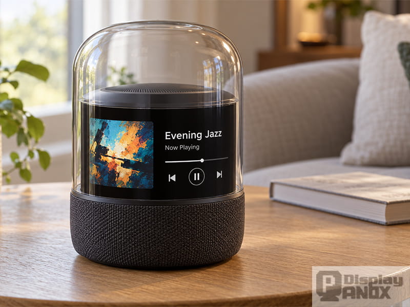 5.99-inch flexible AMOLED display integrated into a transparent dome smart speaker, showing album artwork and music playback controls.