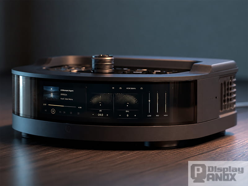 Premium Hi-Fi audio equipment concept integrating a 6.52-inch flexible OLED into a continuous curved black-glass front fascia with a top-mounted control knob.