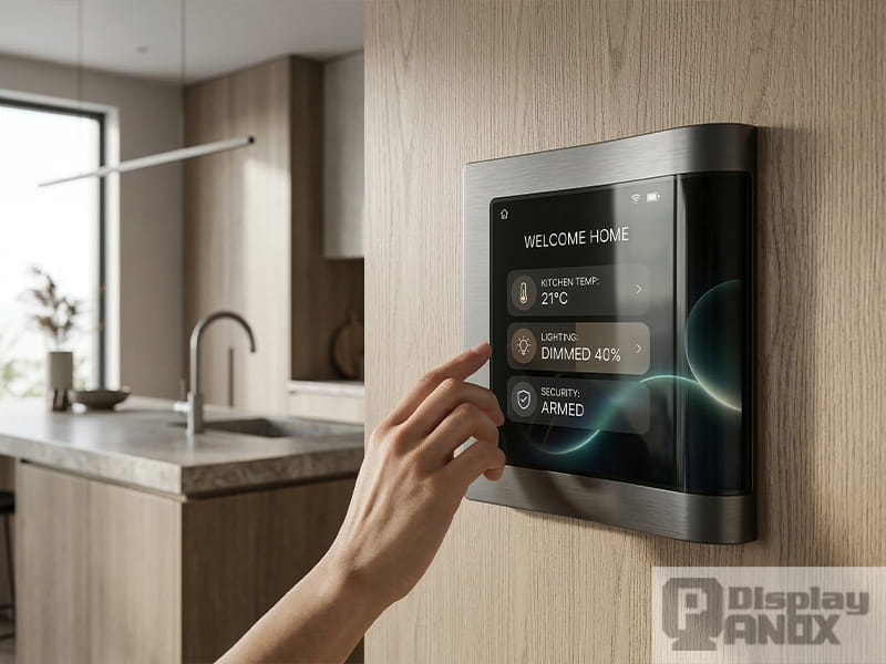 Curved smart home control panel application with a 6.52 inch flexible OLED display mounted on a modern interior wall