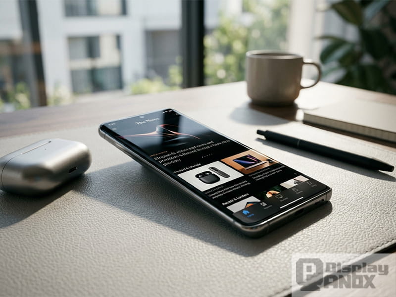 Smartphone and mobile smart device application featuring a 6.52 inch flexible OLED display on a desk