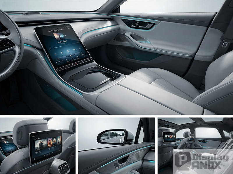 7.8-inch flexible OLED applications in automotive HMI, including a curved center console display, rear-seat entertainment screen, and digital side mirror monitor
