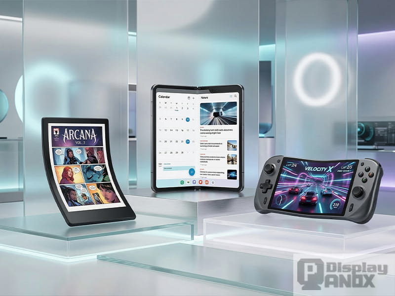 7.8-inch flexible OLED applications in consumer electronics, including a curved e-reader, a foldable phone-tablet device, and a gaming handheld